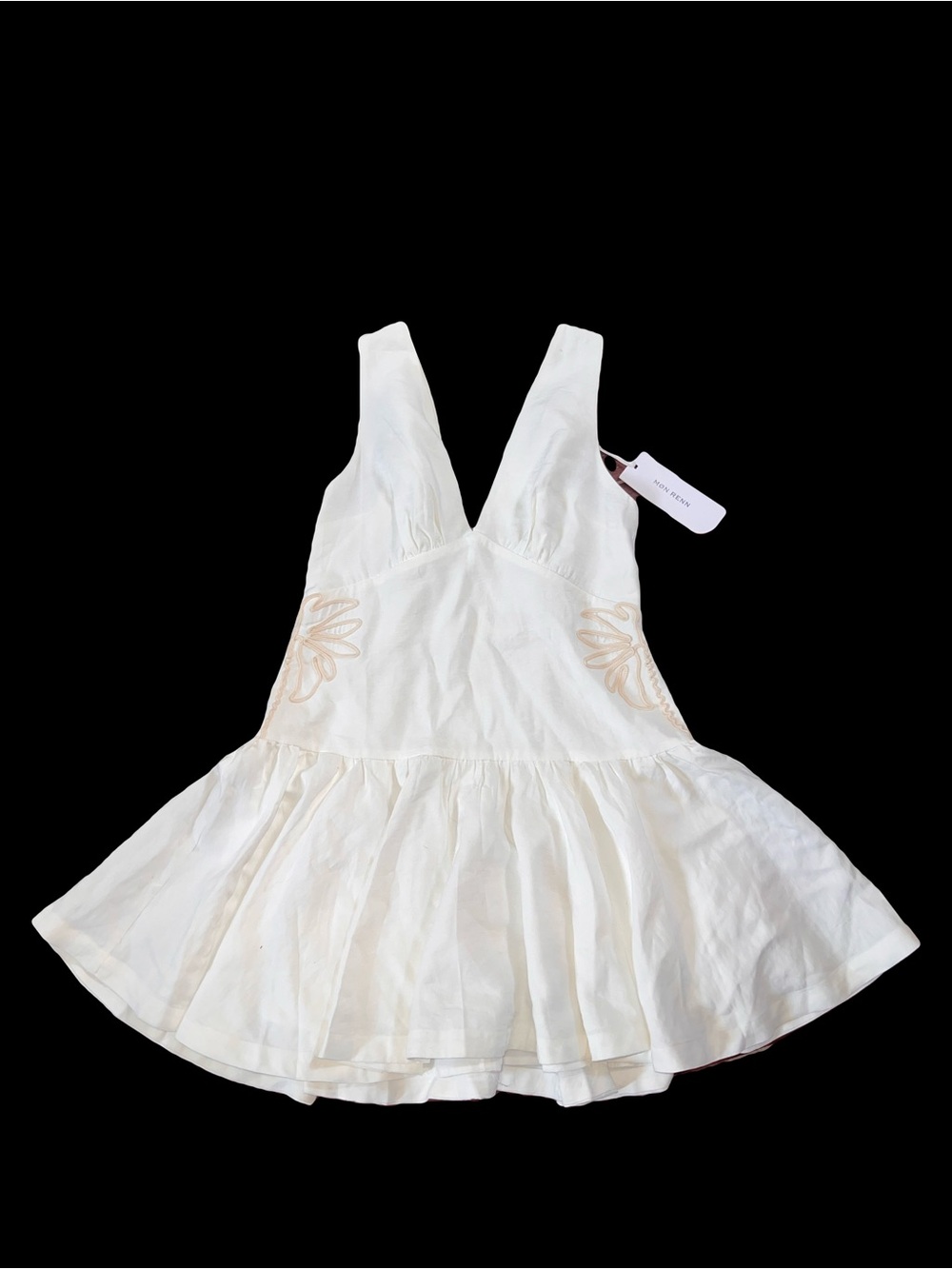 Sleeveless White V-Neck Mini Dress with Subtle Floral Embroidery